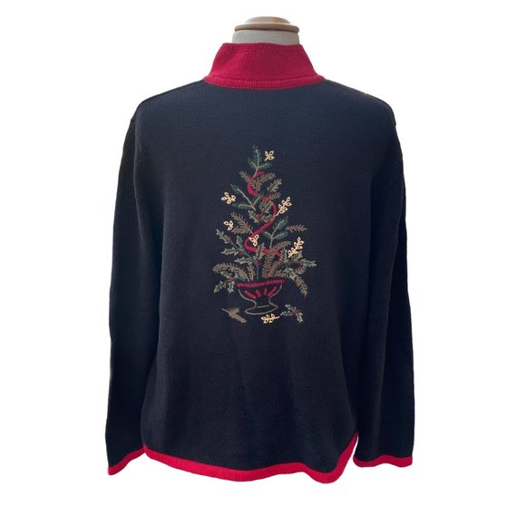 Vintage Breckenridge Embroidered Christmas Cardigan Black Zip Sz XL - Picture 9 of 13